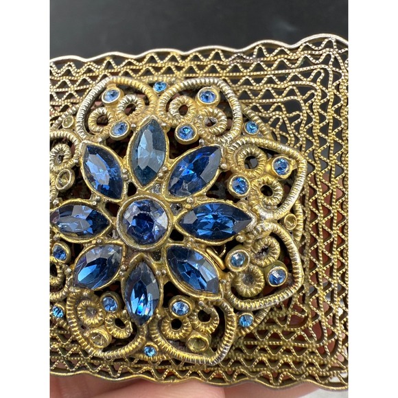 Vintage Filigree Brooch Blue Rhinestones Square Gold Tone - Picture 4 of 8